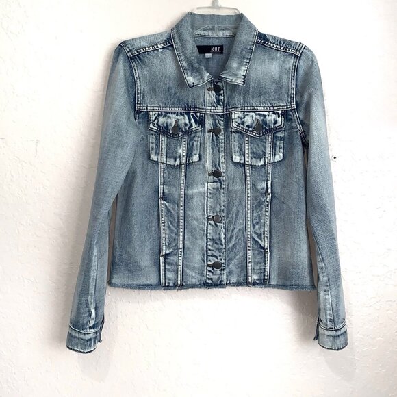 KUT from the Kloth Kara Denim Jacket Womens Small Raw Frayed Hem Button up fall - Picture 1 of 8